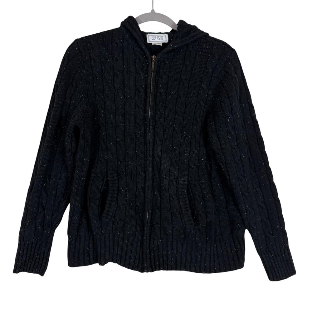 Jennifer Moore Sweater Womens L Black Cable Knit Hooded Zip Cardigan Silk Wool